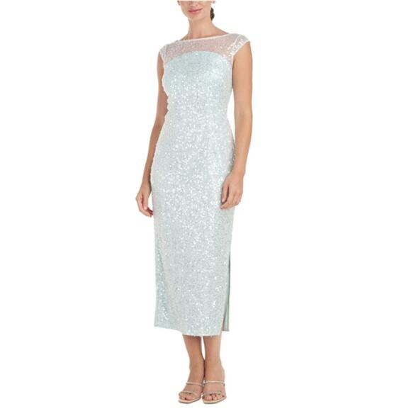 New JS COLLECTIONS Women's Aqua Cap Sleeve Midi Evening Sheath Dress Size 8 - Picture 3 of 9